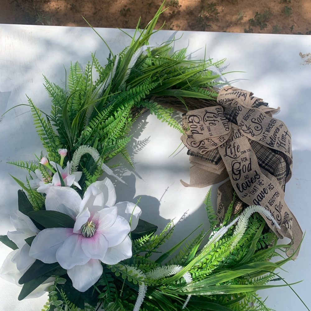 Floral Green and White Wreath with Scripted Ribbon